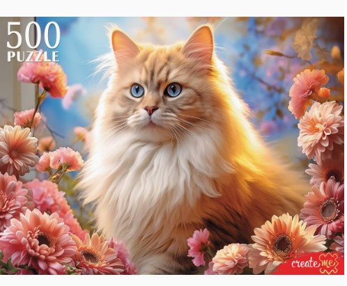 ПАЗЛЫ 500 элементов. КОТ В ХРИЗАНТЕМАХ, П500-0501