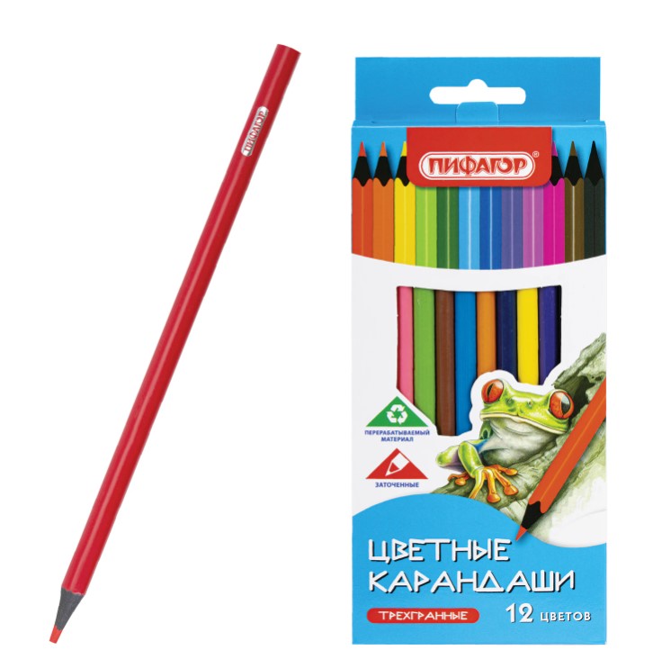 Карандаши цветные ПИФАГОР СТАНДАРТ 12 цветов, трехгранный корпус, 182087