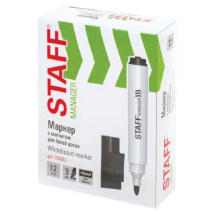 Маркер стираемый для белой доски на магните со стирателем, ЧЕРНЫЙ, STAFF "Manager" WBM-002, 3 мм