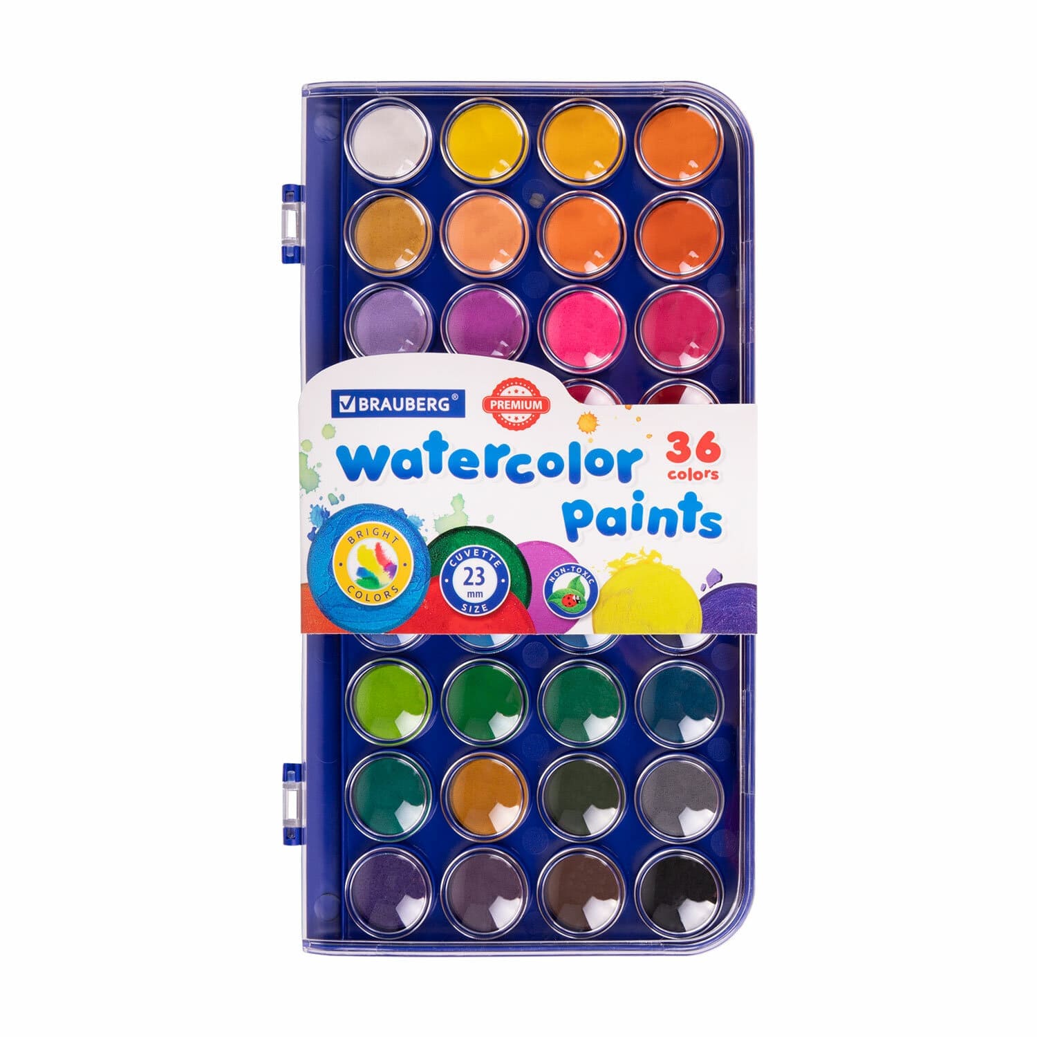 Краски акварельные 36 цв.BRAUBERG 'PREMIUM' круглые кюветы 23 мм , пенал, 191746