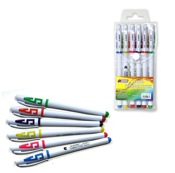 Набор гелевых ручек 6 цв., белый корпус,  европодвес AR-666-6
