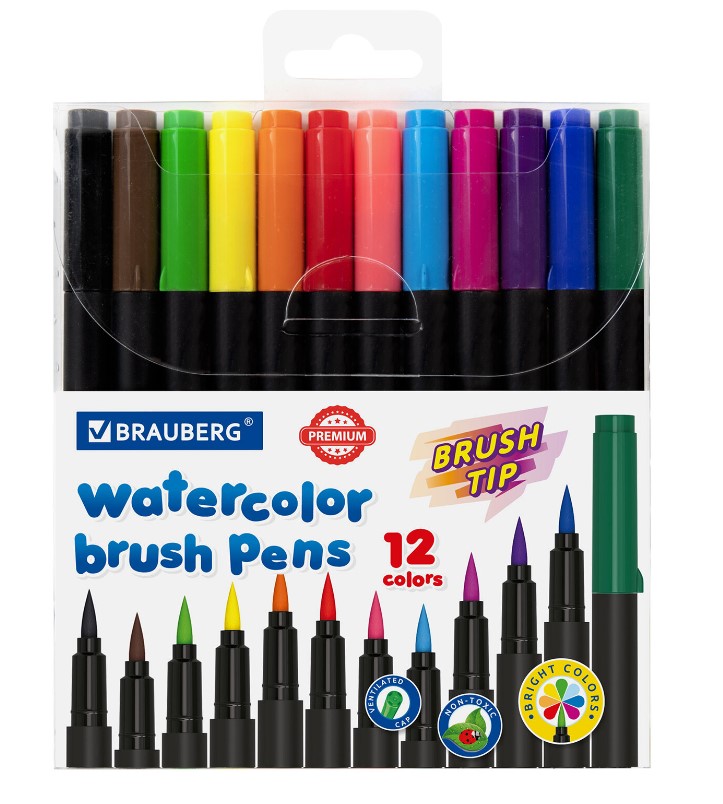 Фломастеры Brauberg 'Premium' 12 цв., наконечник-кисть, вент. колпачек, 152195