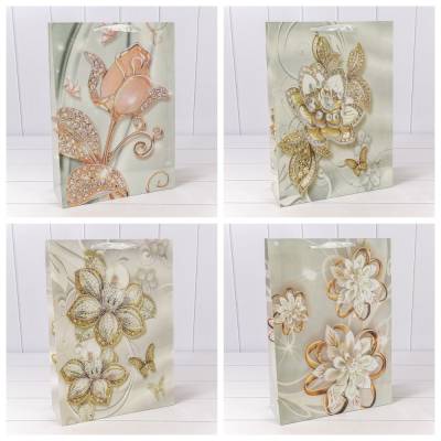 Пакет подарочный с блёстками 'Цветы' (микс 202) 32х45х12, 230г, 000202A