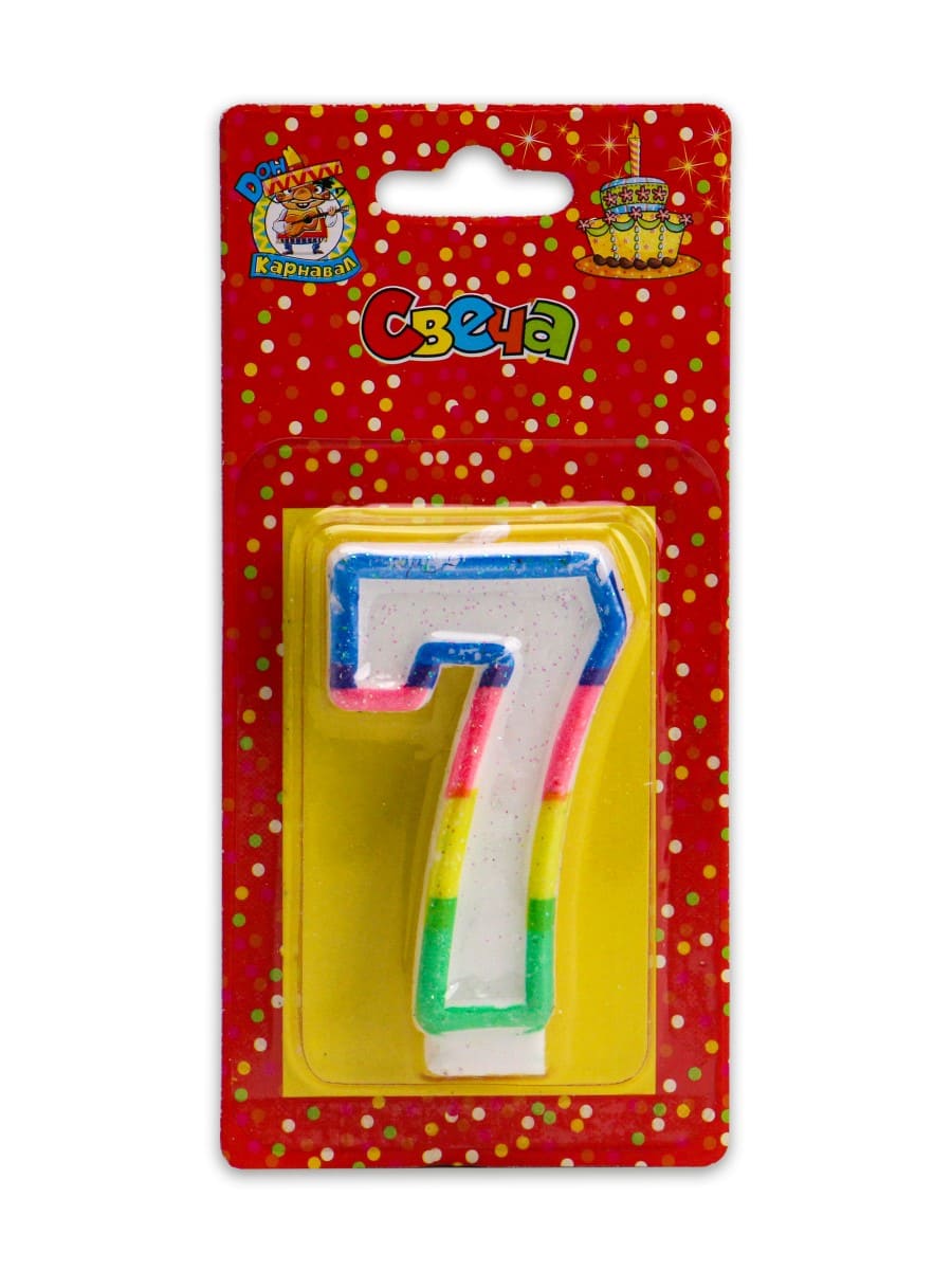 Свеча для торта 'Цифра 7 Разноцветная оконтовка с блёстками' Миленд европодвес С-2422